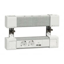 Unica System+ Блок двойной на струбцинах 2х(2хРоз.+2хUSB A//C) белый//серая ткань