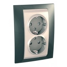 Розетка двухместная Schneider Electric UNICA, скрытый монтаж, с заземлением, со шторками, шампань