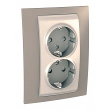 Розетка двухместная Schneider Electric UNICA, скрытый монтаж, с заземлением, со шторками, бежевый/коричневый