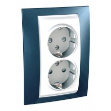 Розетка двухместная Schneider Electric UNICA, скрытый монтаж, с заземлением, со шторками, белый/голубой лед