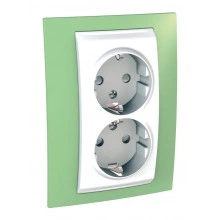 Розетка двухместная Schneider Electric UNICA, скрытый монтаж, с заземлением, со шторками, белый/зеленое яблоко